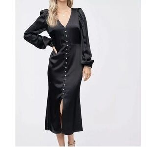 En Saison Lizette Satin Midi Dress Button Front Rhinestone Balloon Sleeve Black